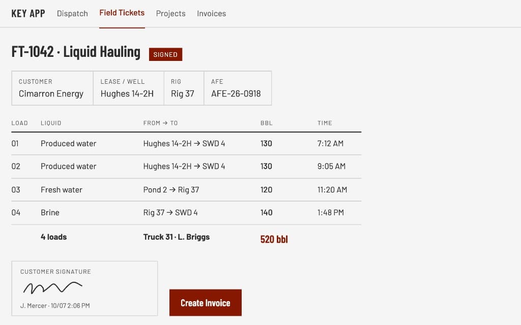 Signed liquid hauling field ticket listing four loads and 520 barrels, with the customer's signature and a Create Invoice button