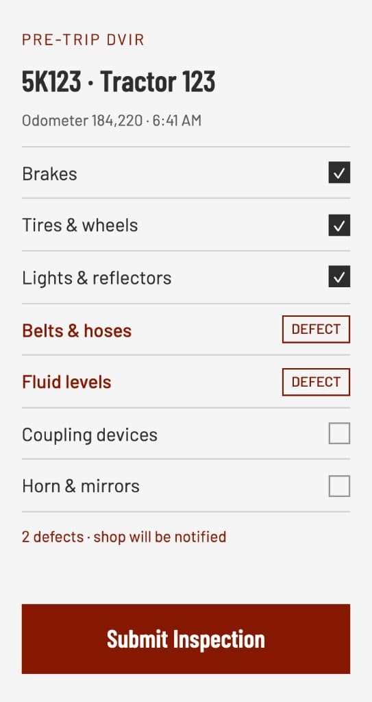 Pre-trip DVIR checklist on a phone with two items flagged as defects