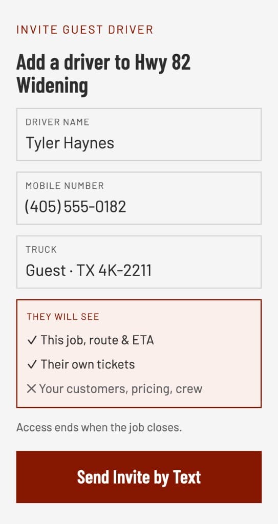 Guest driver invite screen showing what the driver will and won't be able to see