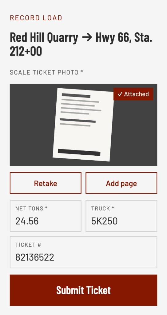 Driver app recording a load, with the scale ticket photo attached and net tons, truck, and ticket number filled in